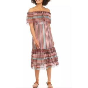 Sam Edelman Off Shoulder Stripe Hem Crochet Tiered Midi Dress Womens 8